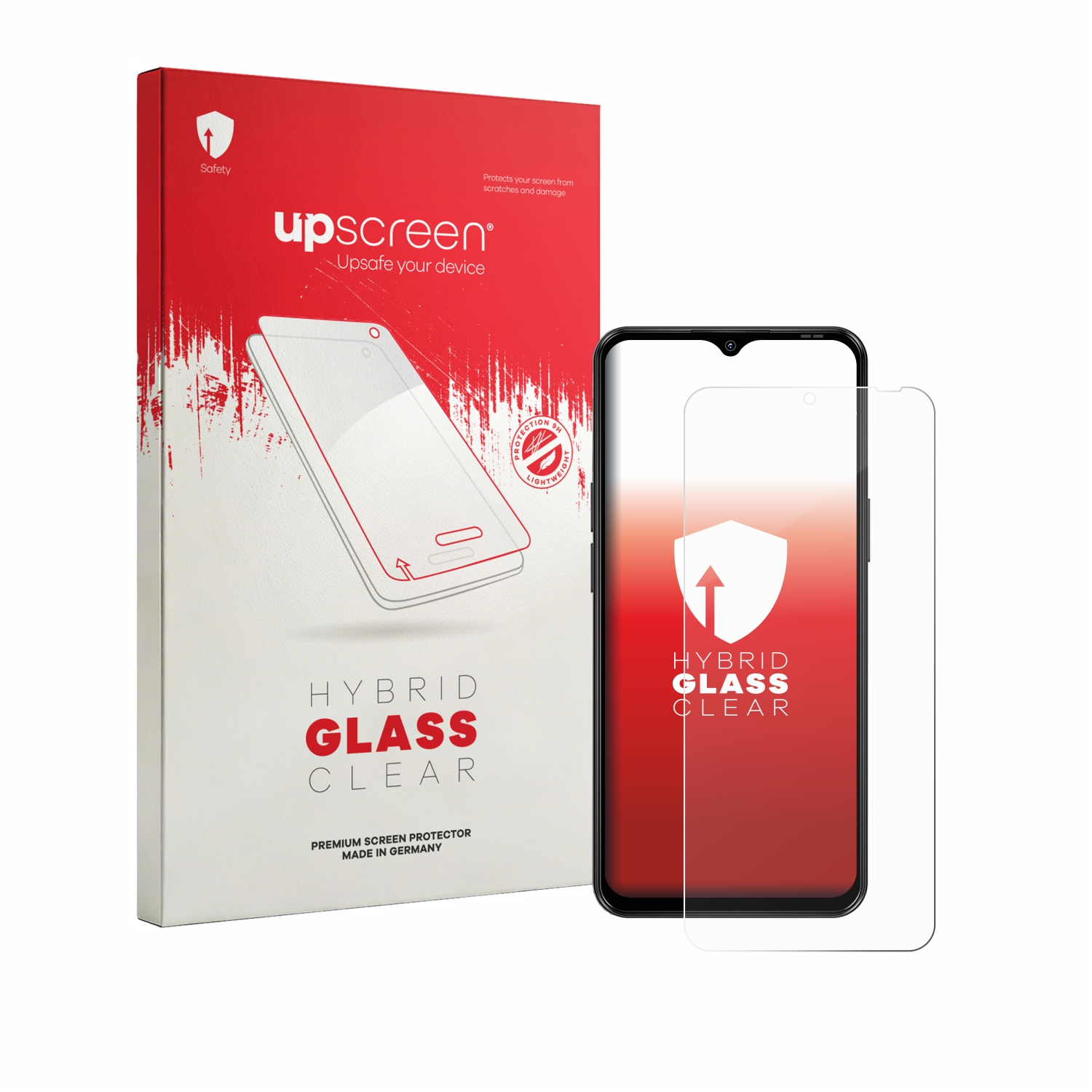 Eine Box und ein Displayschutz für 'upScreen Hybrid Glass Clear'.