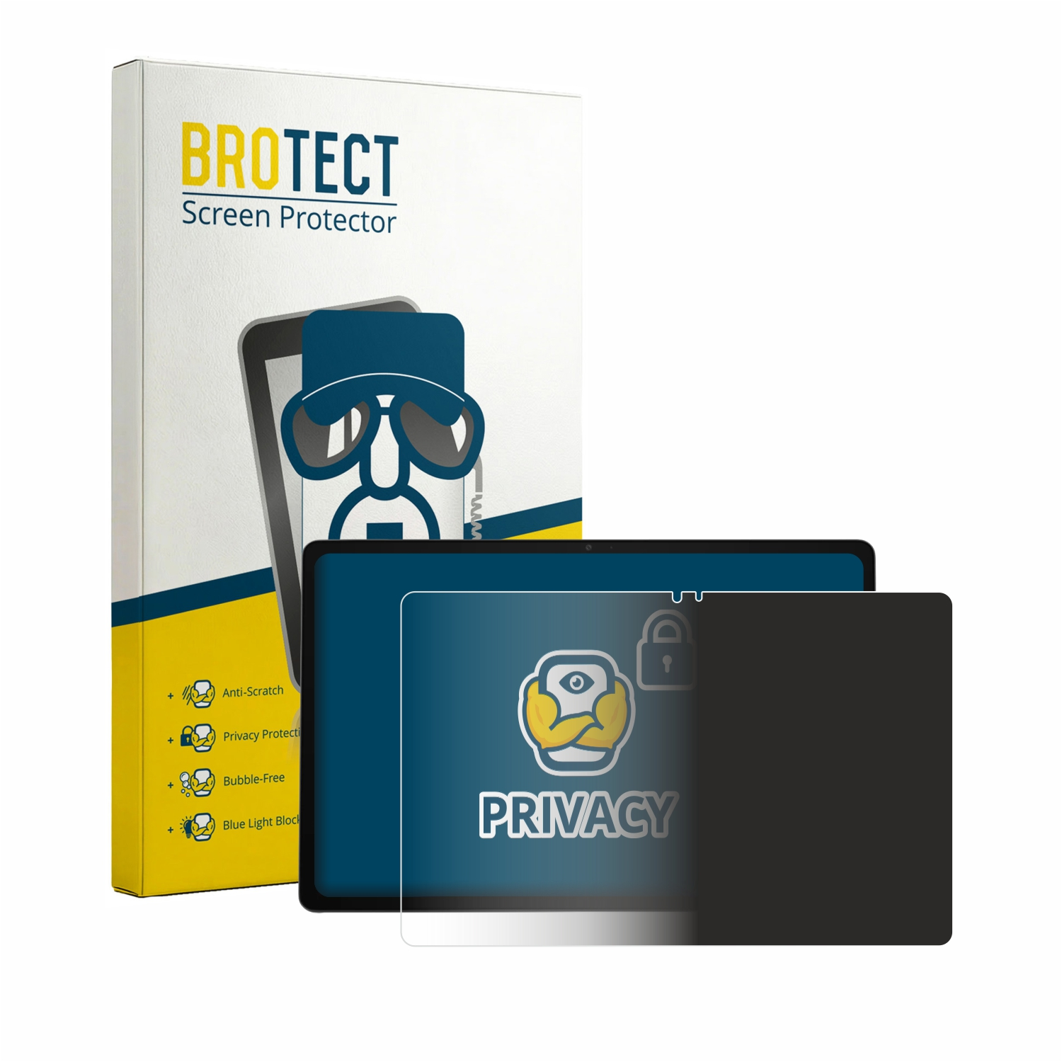 BROTECT Displayschutzfolien-Verpackung mit einer Blickschutzfolie auf einem Tablet.