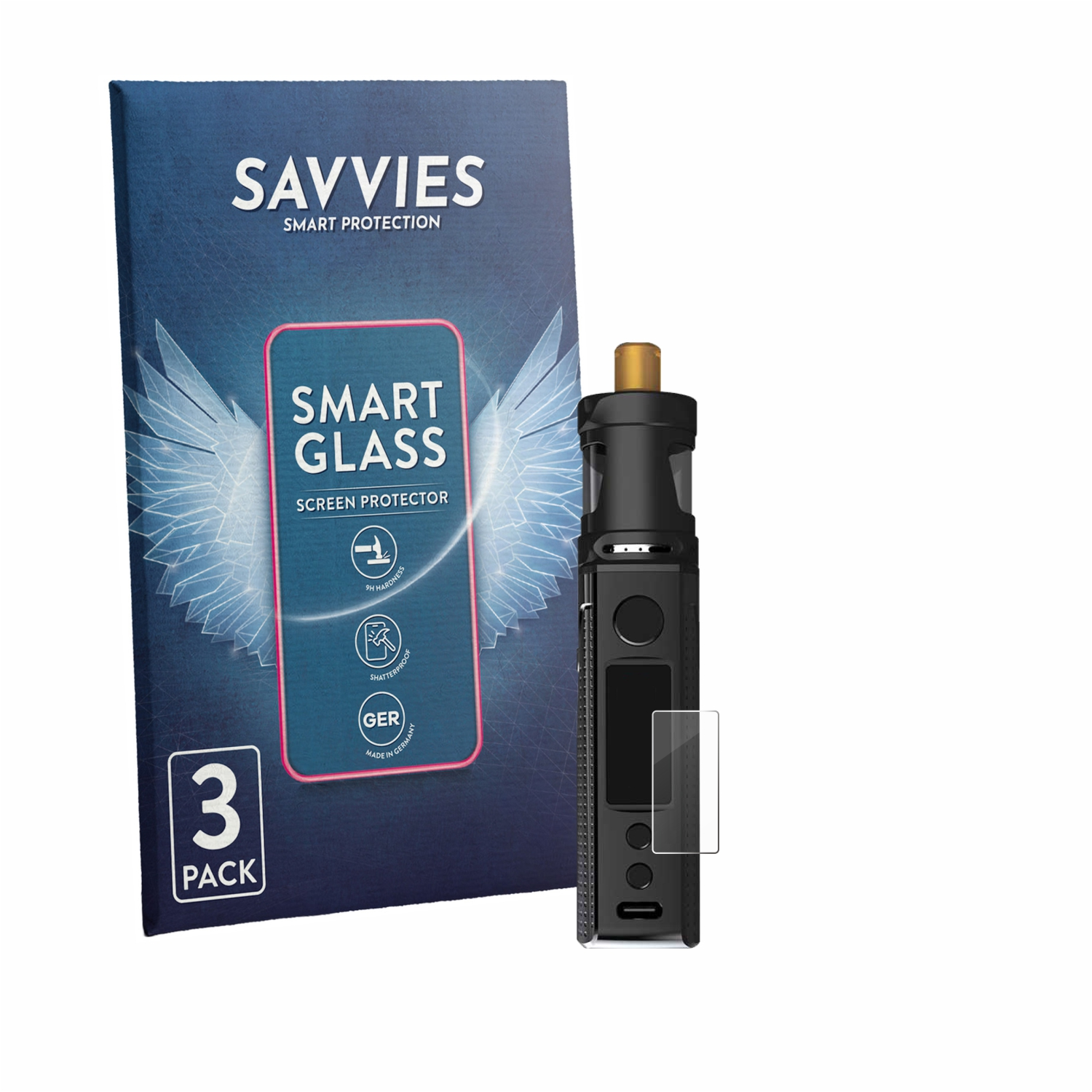 Savvies Smart Glass Displayschutzfolie 3er Pack neben einem schwarzen E-Zigarettenmodul.