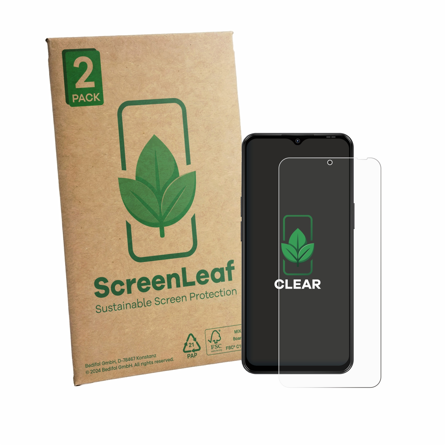 Eine Packung mit zwei Displayschutzfolien für ein Smartphone und eine Smartphone-Verpackung.