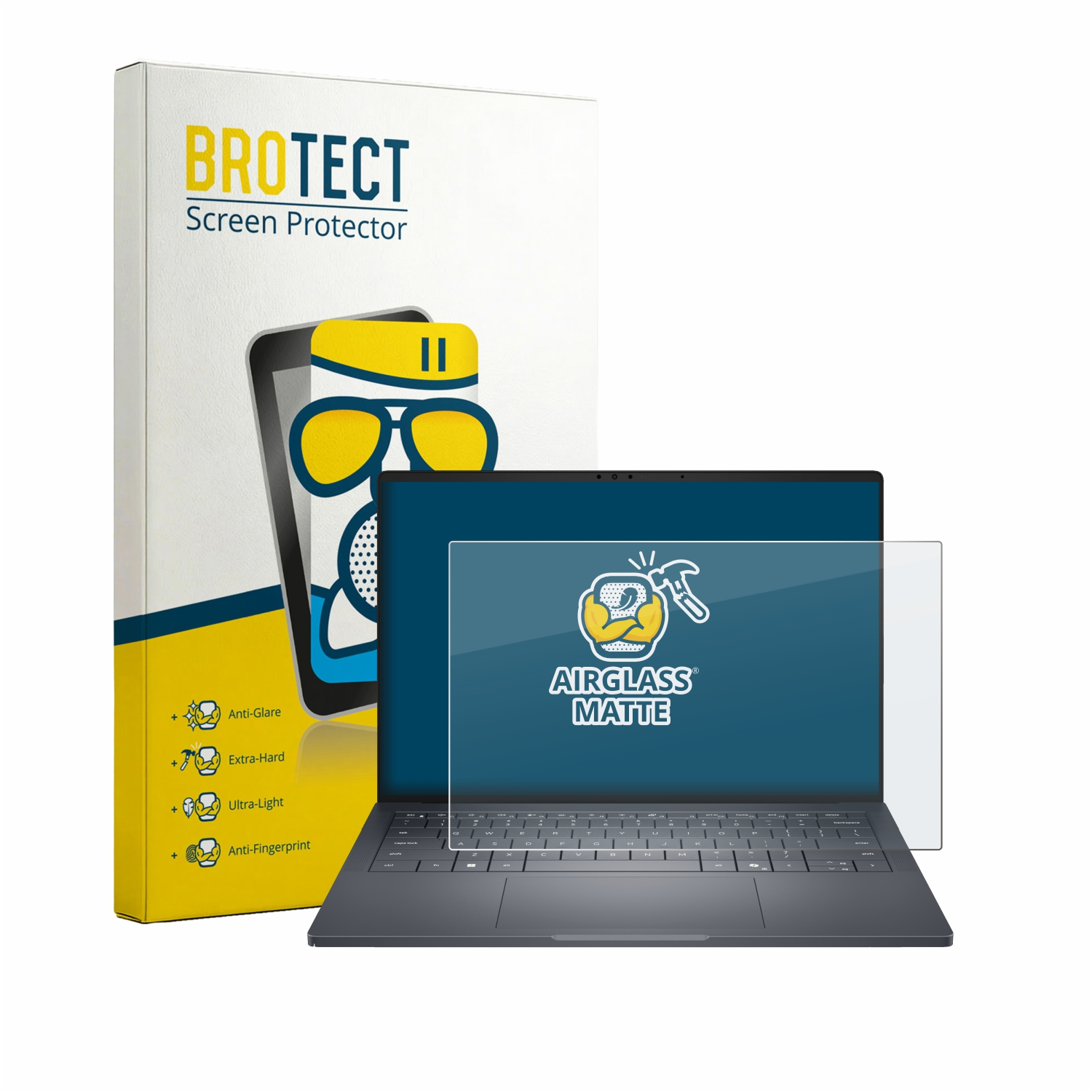 Eine BROTECT Displayschutzfolien-Verpackung und ein Laptop mit angebrachter matter Displayschutzfolie.