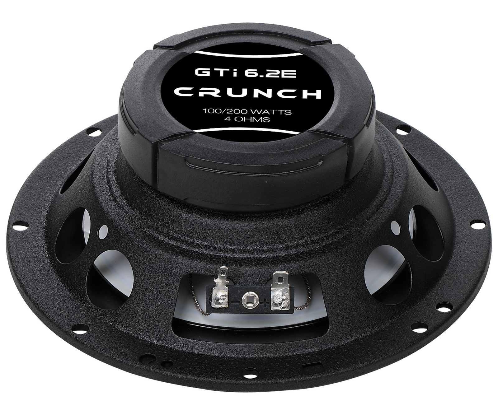 Schwarzer Lautsprecher mit CRUNCH GTI 6.2E Beschriftung, 100/200 Watt, 4 Ohm.