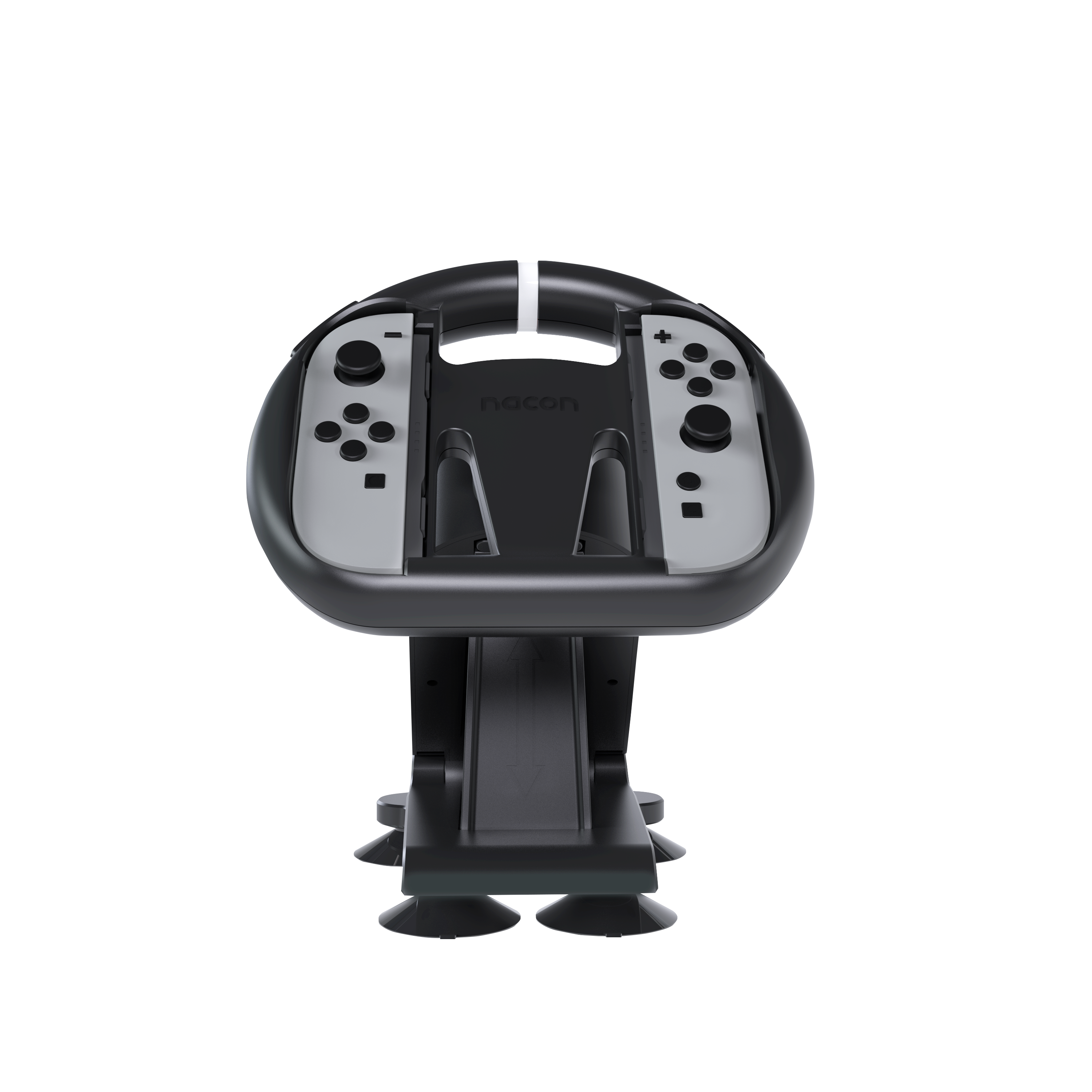 Soporte de controlador de juegos negro con dos agarres y botones grises.