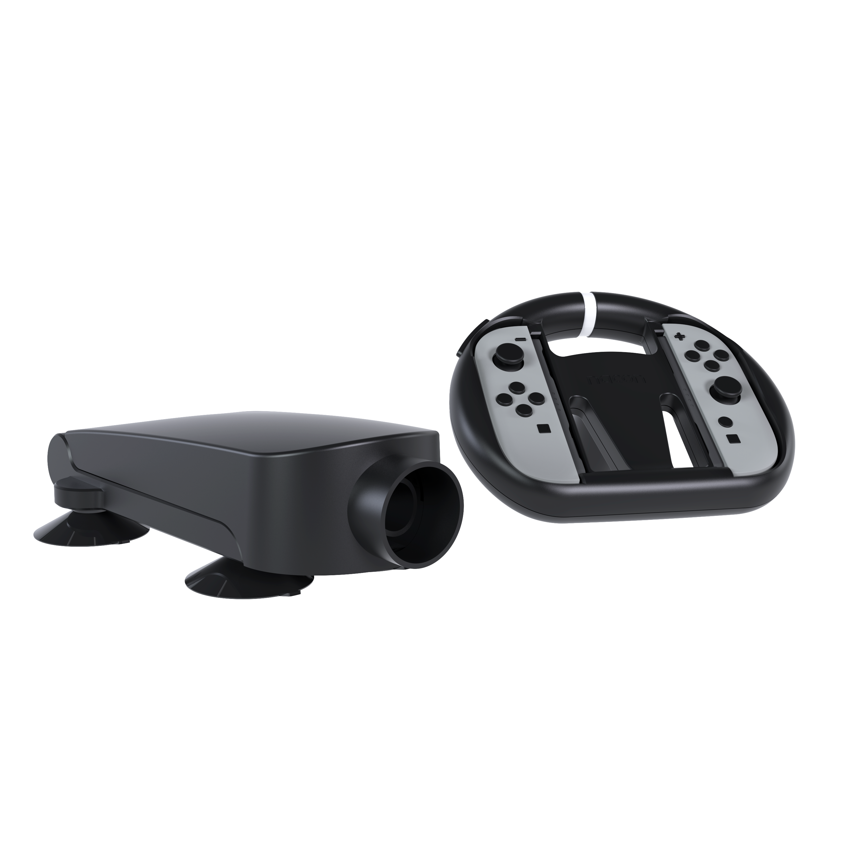 Un proyector negro con ventosas y un volante de gaming negro con mandos grises.