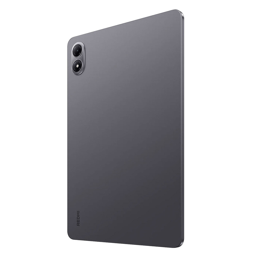 Tył szarego tabletu z dwoma aparatami i logo Redmi.