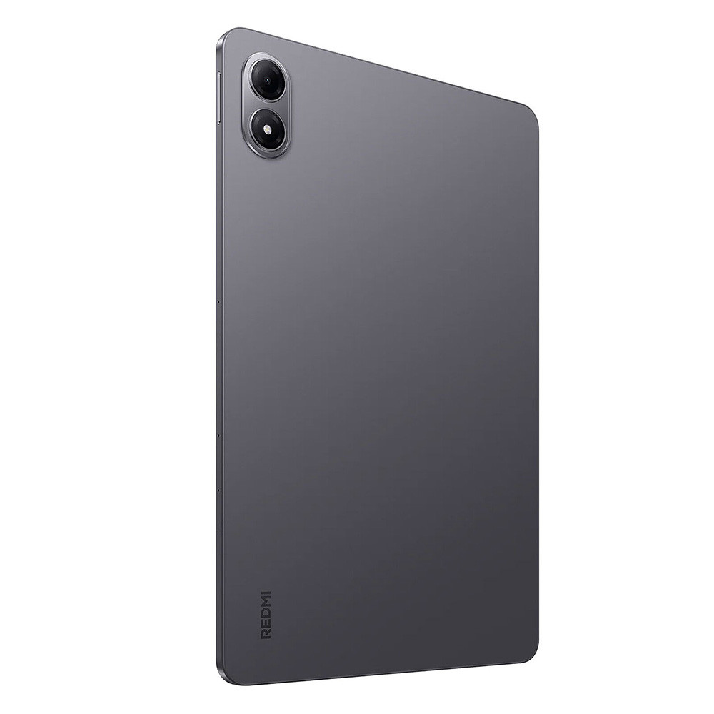 Tył szarego tabletu z podwójnym aparatem i logo Redmi na białym tle.