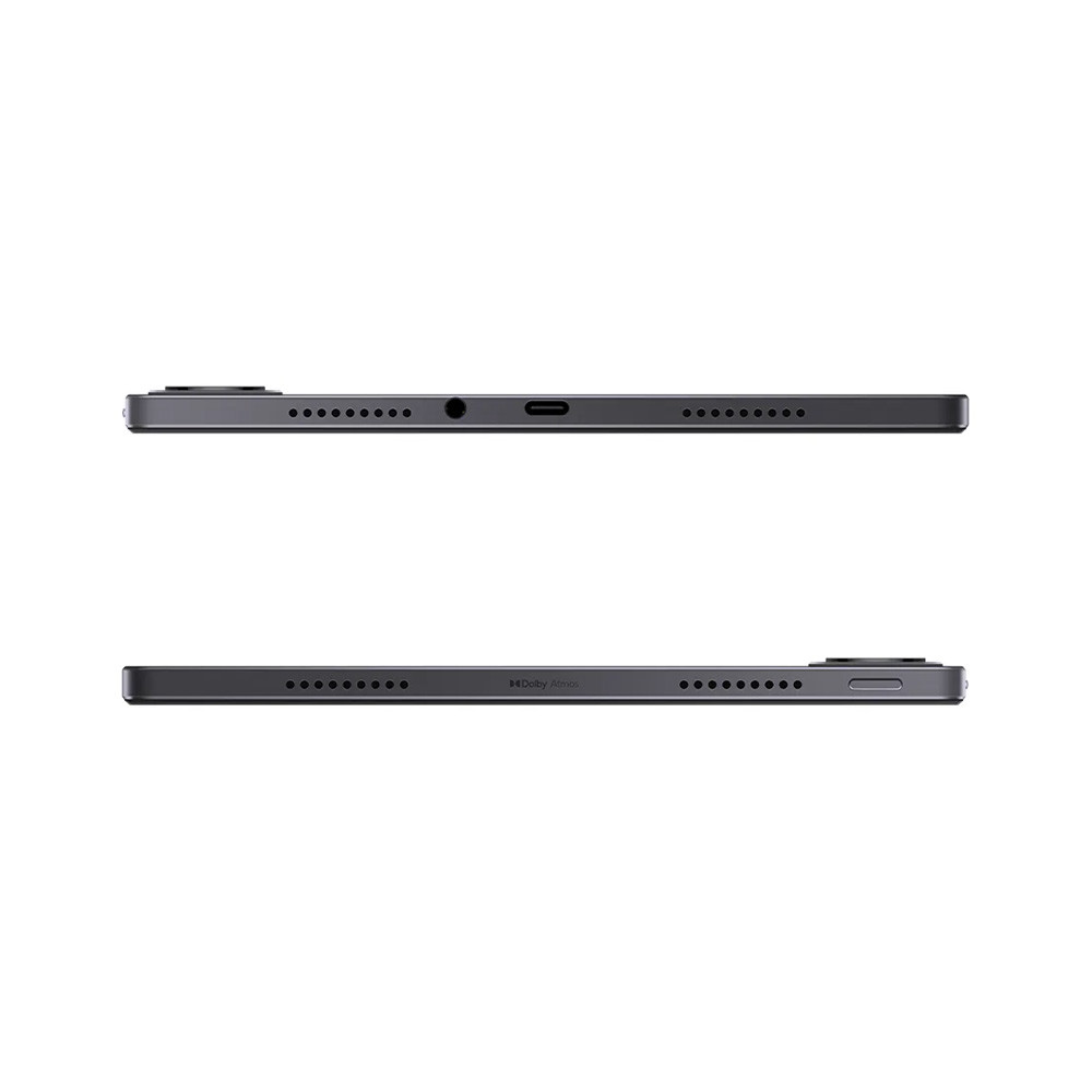 Tablet grigio con griglie altoparlanti, porta USB-C e fotocamere.
