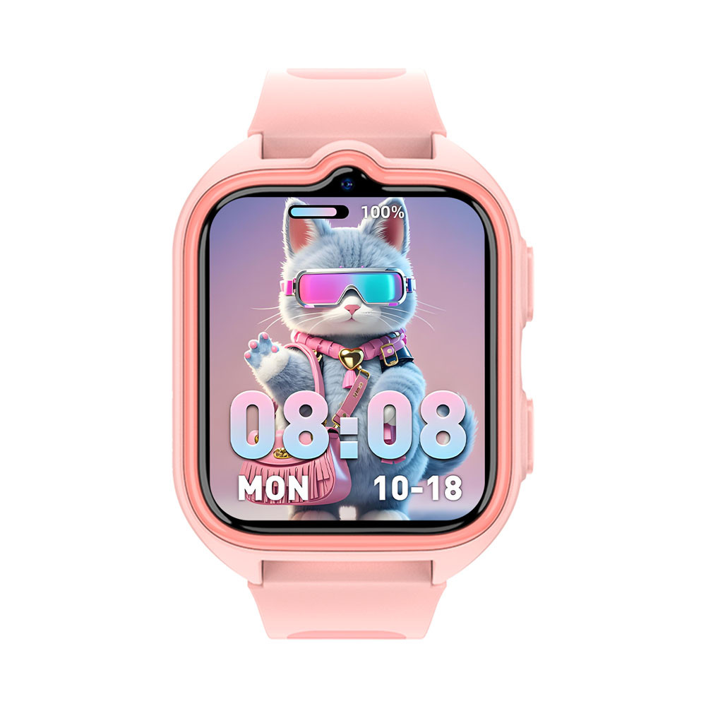 Uno smartwatch rosa con un simpatico personaggio gatto che indossa una borsa.