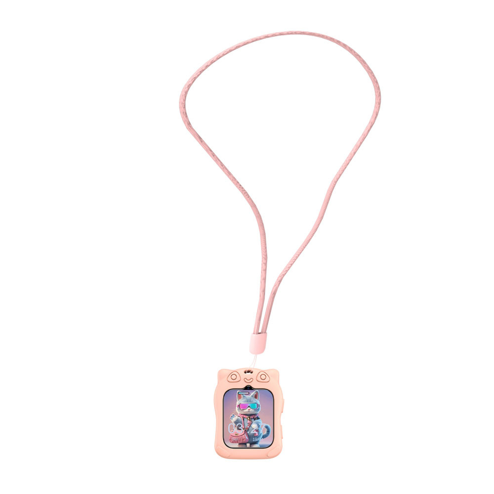 Un ciondolo rosa con design a gatto e schermo che mostra un gatto.