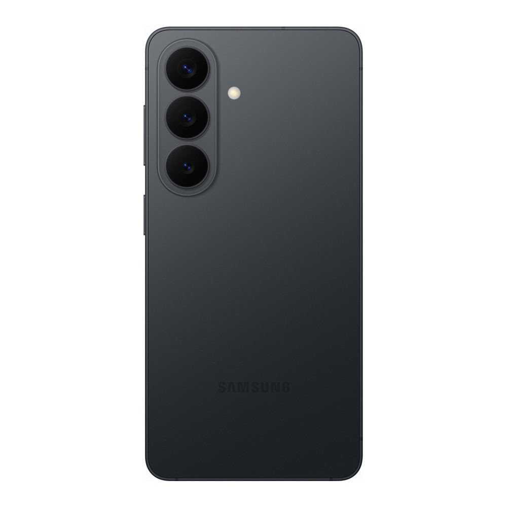 Dunkelgraues Samsung-Smartphone mit drei Kameralinsen und Blitz.