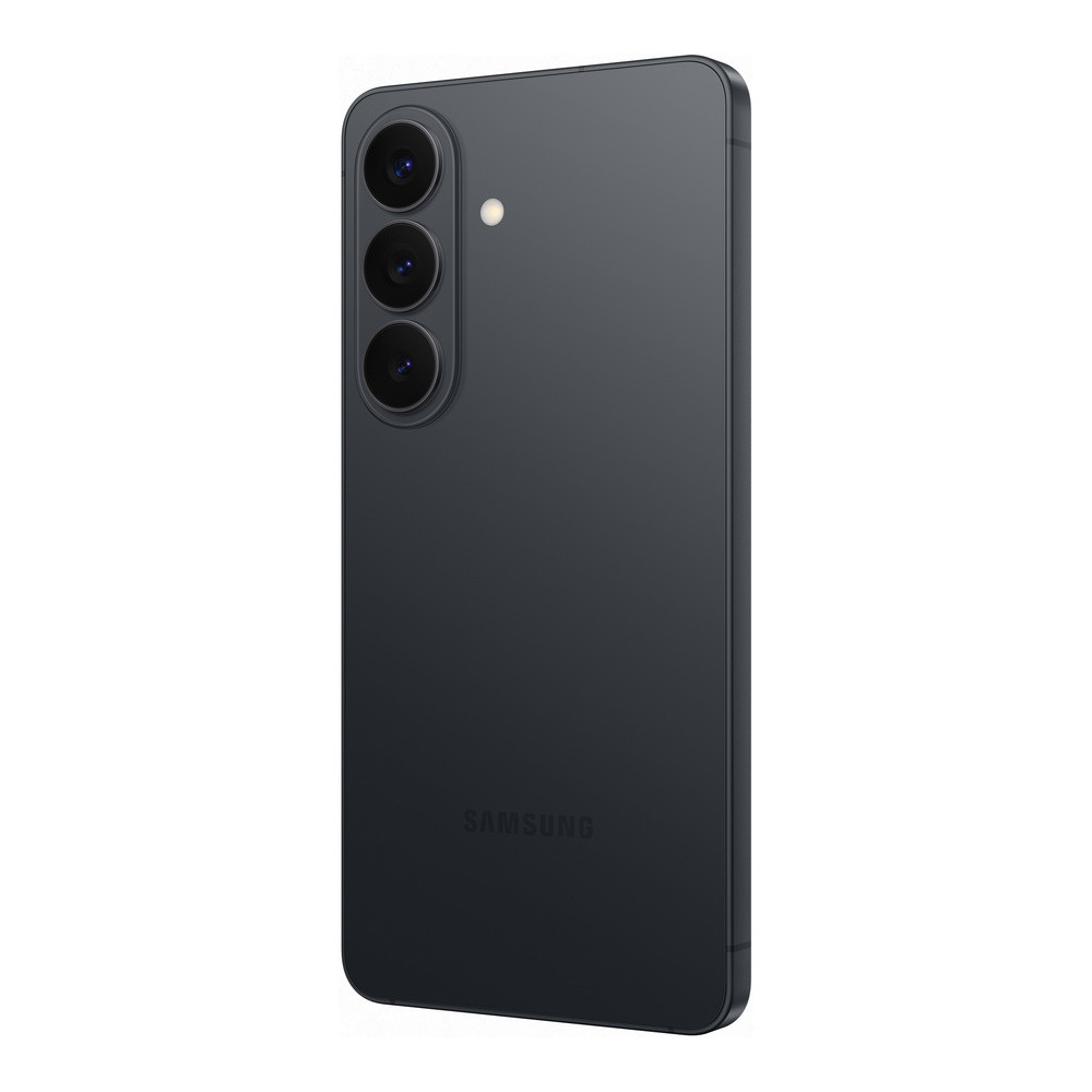 Dunkelgraues Samsung-Handy mit drei Kameras und Blitz auf der Rückseite.