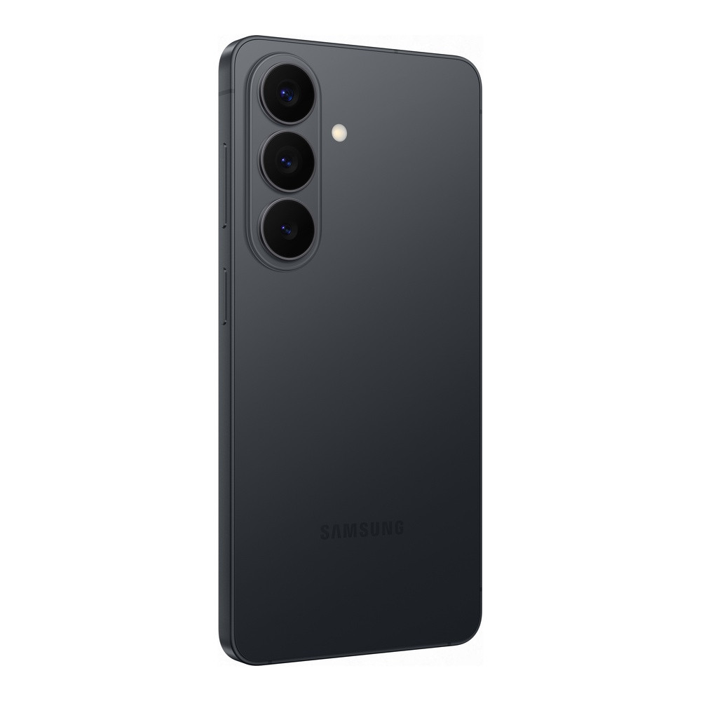 Dunkelgraues Samsung Smartphone mit drei Kameralinsen auf der Rückseite.