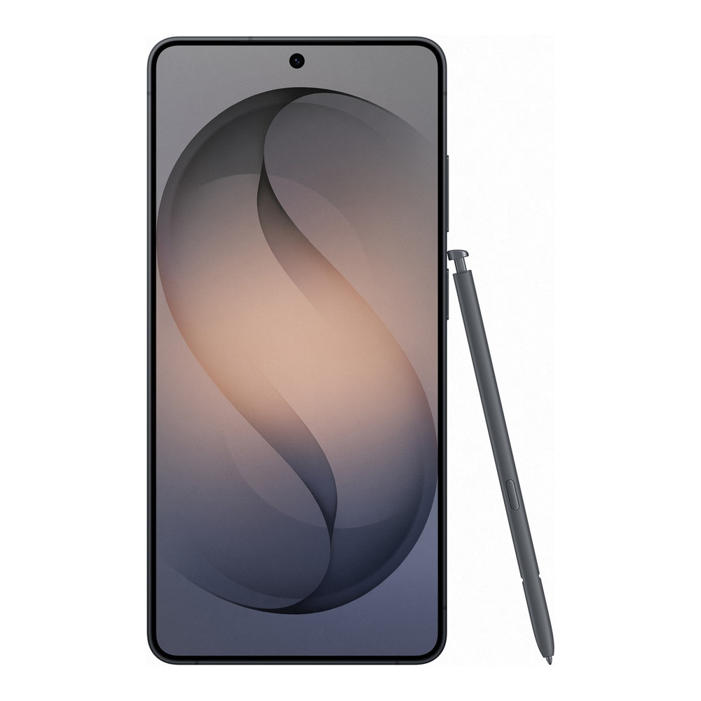 Uno stilo grigio riposa accanto a uno smartphone con uno sfondo astratto sul suo schermo.