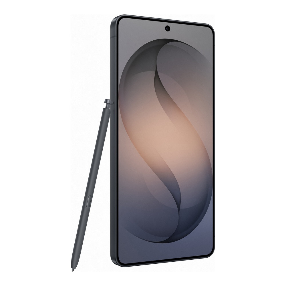 Smartphone scuro con uno stilo appoggiato accanto. Sfondo astratto.