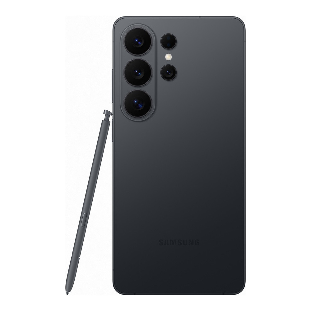 Smartphone Samsung grigio scuro con stilo, quattro fotocamere e logo Samsung.