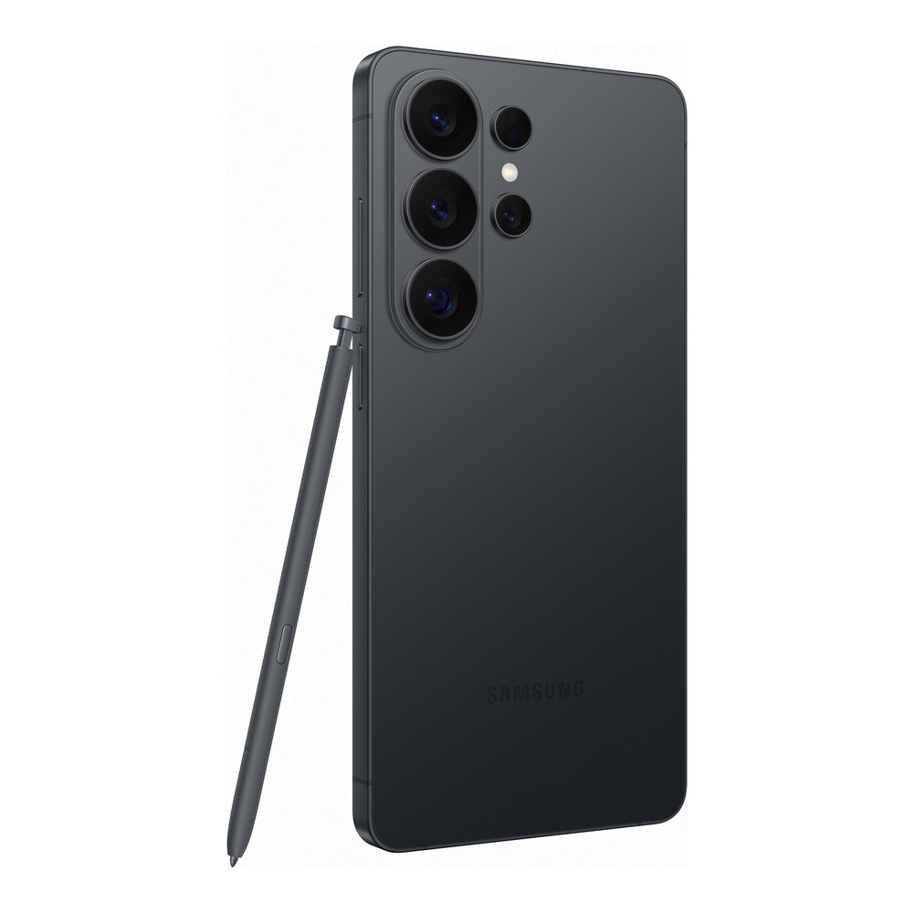 Smartphone grigio scuro con stilo, tre fotocamere e logo Samsung.