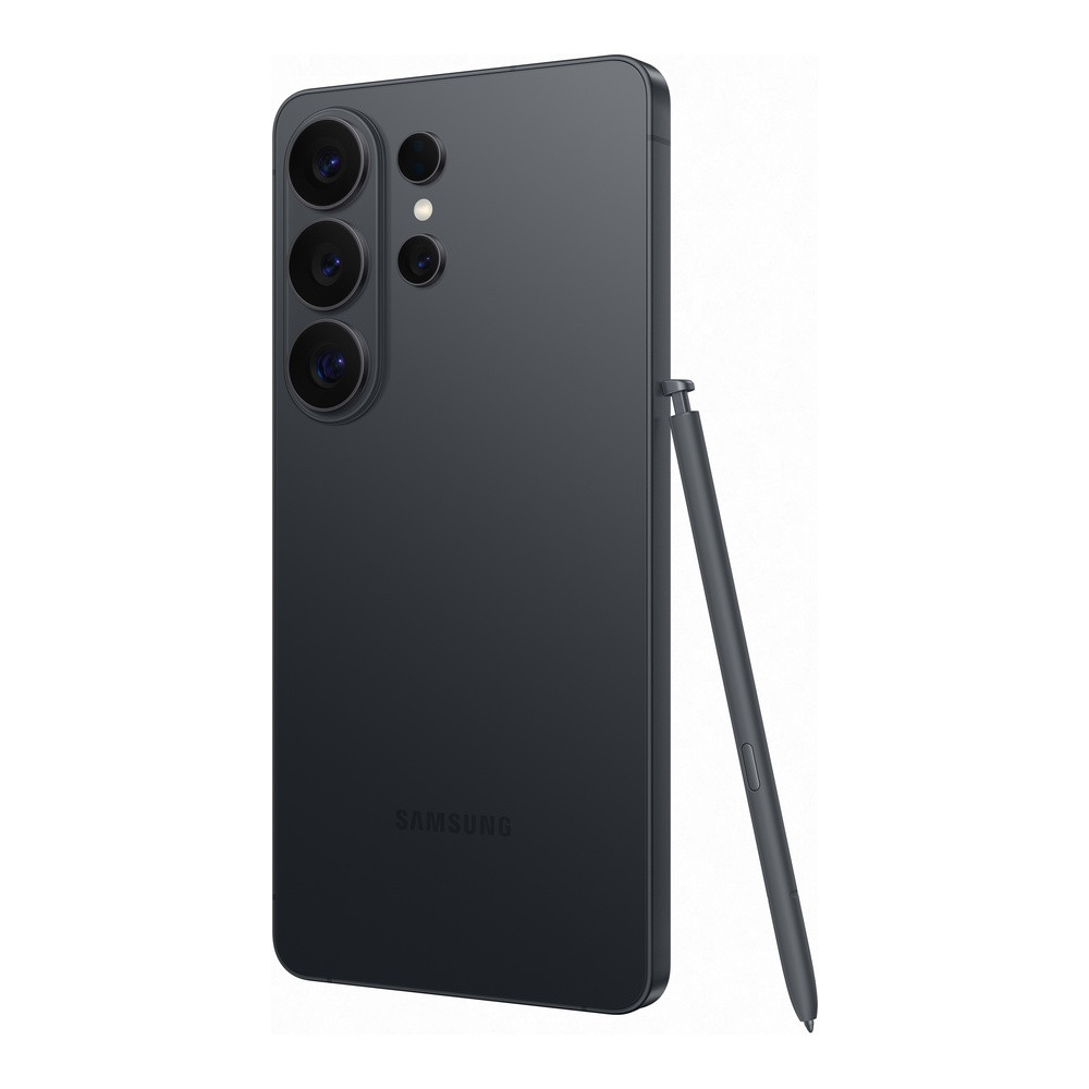Dunkelgraues Smartphone mit Stift, Kameramodul und Samsung-Logo auf der Rückseite.