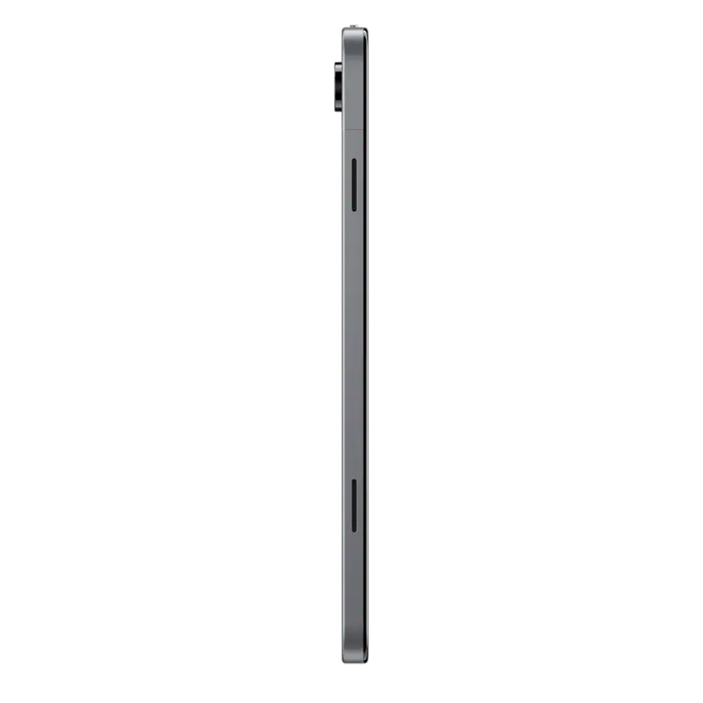Un tablet grigio visto di lato, che mostra la fotocamera e la porta di ricarica.