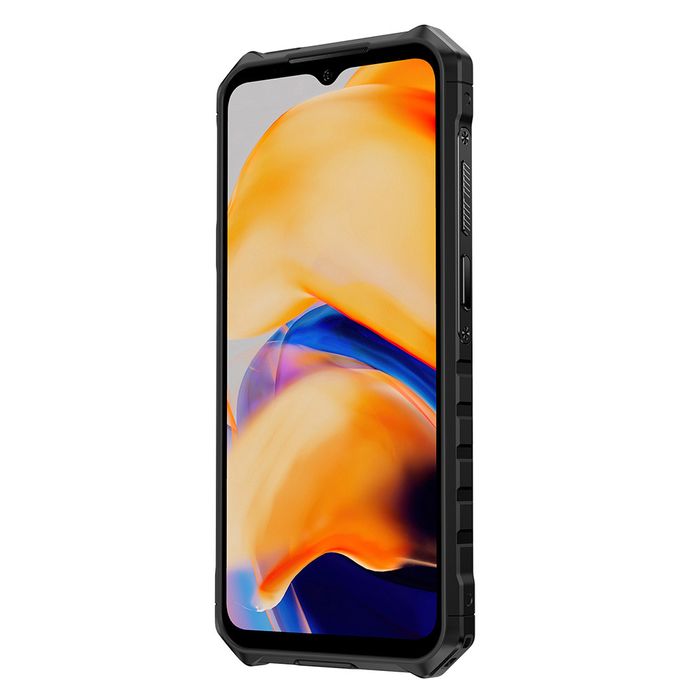 Schwarzes Smartphone mit robustem Gehäuse und abstraktem Hintergrund auf dem Bildschirm.