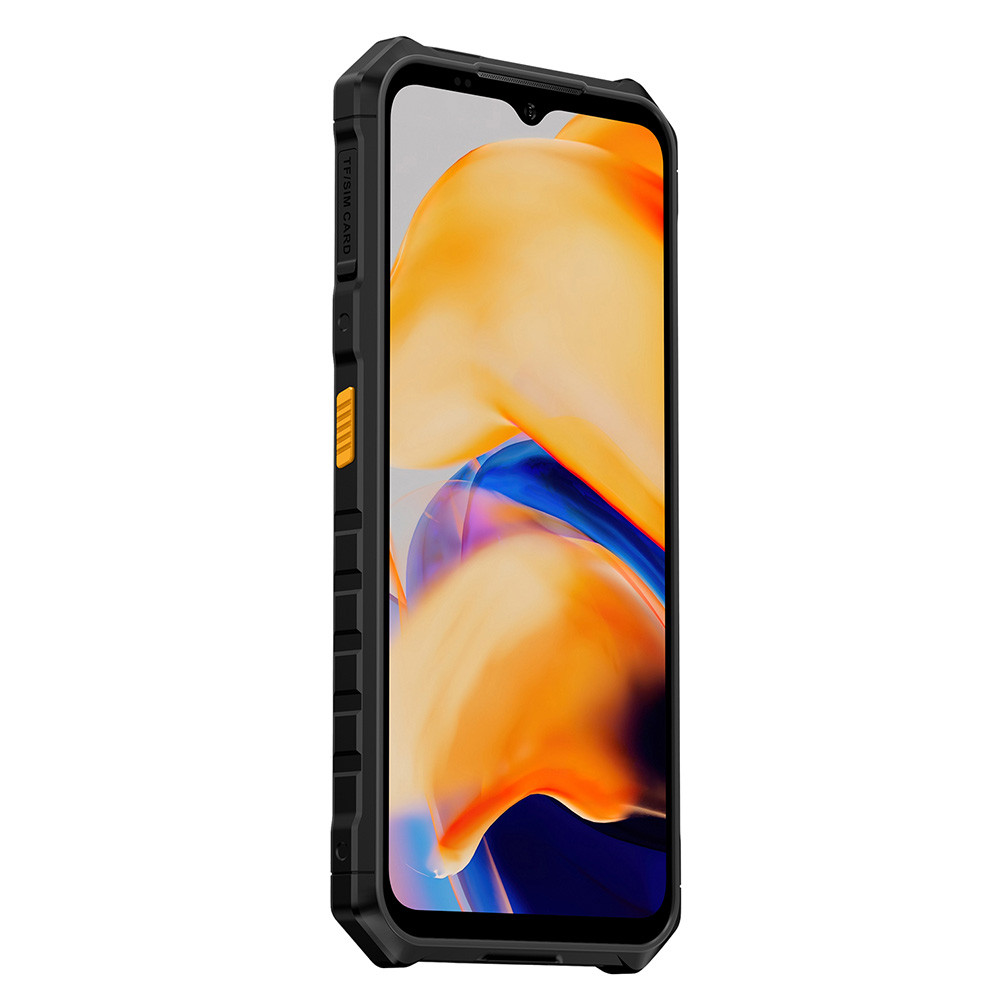 Schwarzes Smartphone mit robustem Gehäuse und orangem Akzent. Heller Hintergrund.