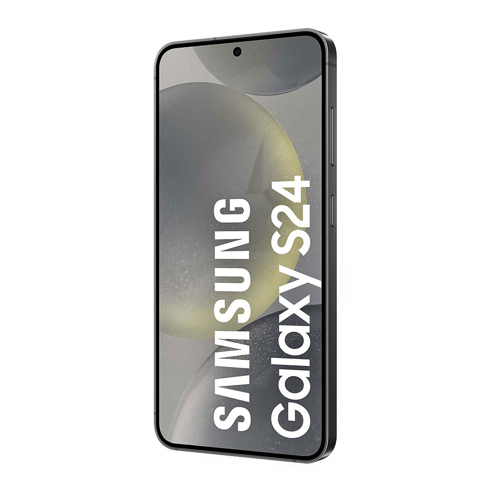 Uno smartphone Samsung Galaxy S24 scuro, visualizzato verticalmente su sfondo bianco.