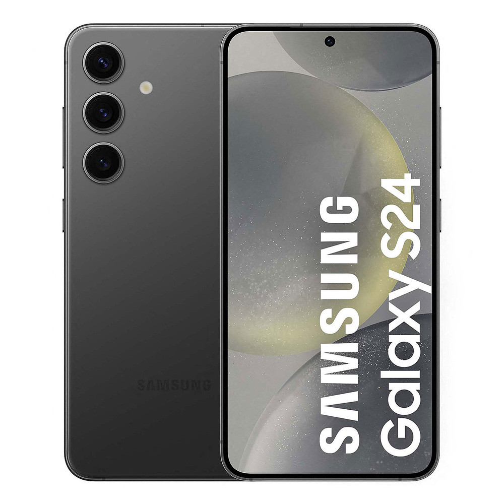 Uno smartphone Samsung Galaxy S24 grigio con tre fotocamere sul retro.