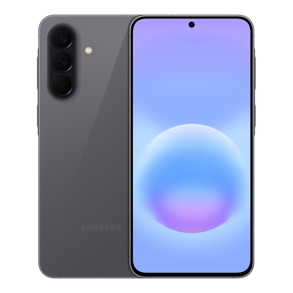Graues Samsung Smartphone mit drei Kameras auf der Rückseite und einem blauen Hintergrund.