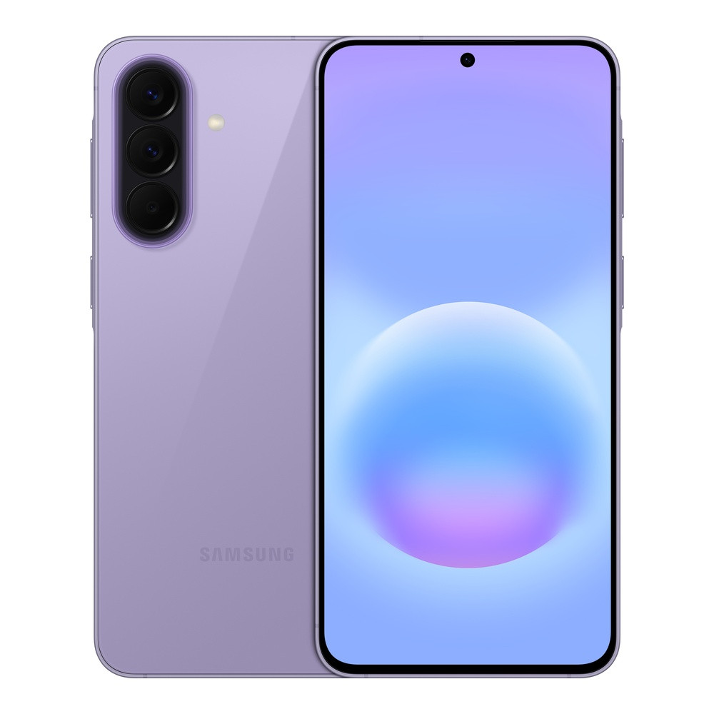 Ein lila Samsung Smartphone mit drei Kameras auf der Rückseite und einem blauen Hintergrundbild.