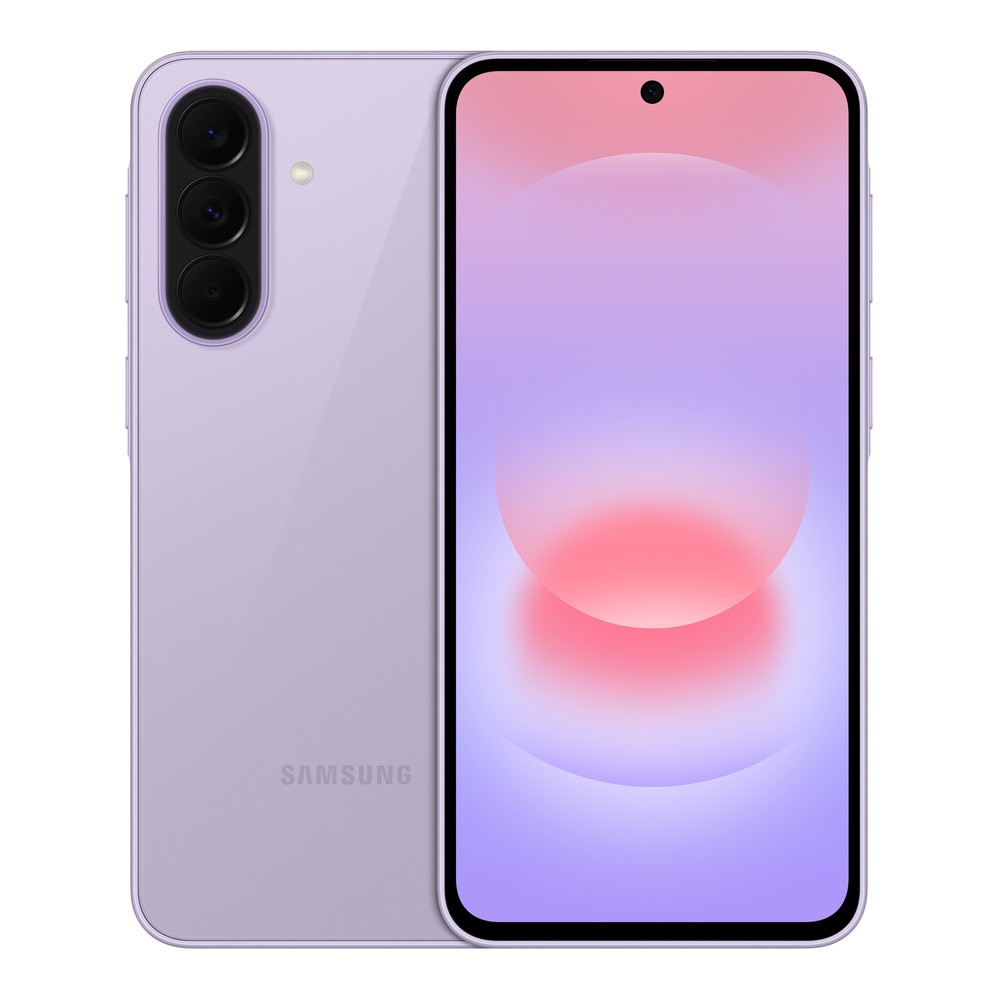 Ein lila Samsung Smartphone von vorne und hinten, mit Kamera und Bildschirm.