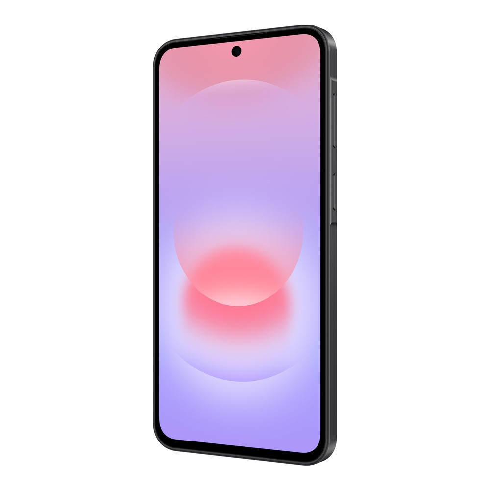 Czarny smartfon z fioletowo-różowo-czerwonym gradientem na ekranie.