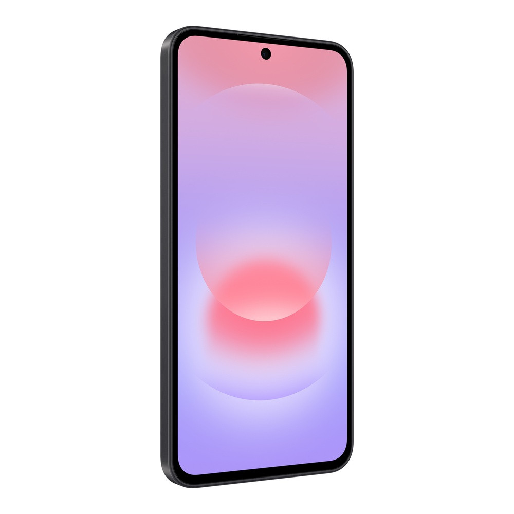 Czarny smartfon wyświetlający gradient fioletu i różu na ekranie.