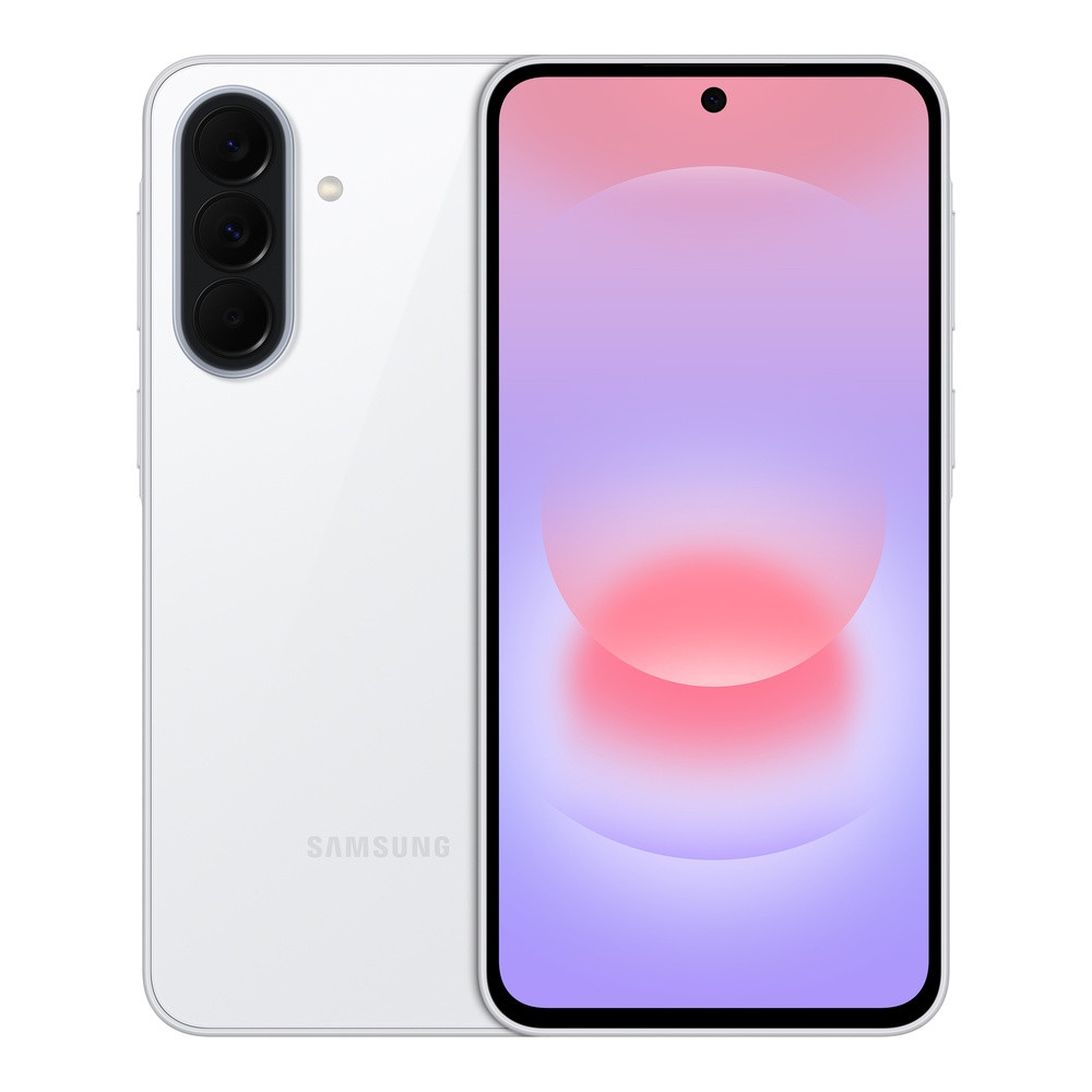 Un smartphone Samsung blanc avec trois caméras arrière et un écran coloré.