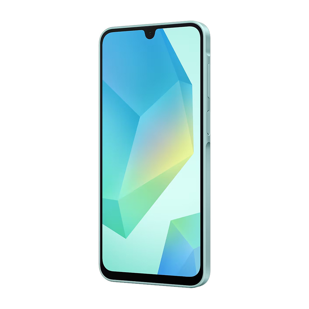 Uno smartphone verde chiaro con uno sfondo astratto e colorato sullo schermo.