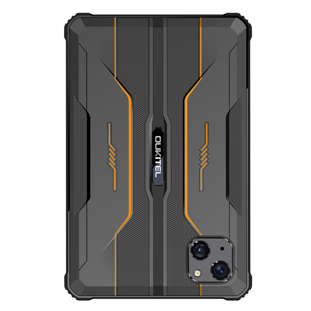 Retro di un tablet Oukitel nero e robusto con accenti arancioni.