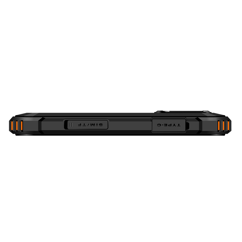 Smartphone nero con porte SIM/TF e Type-C, accenti arancioni.