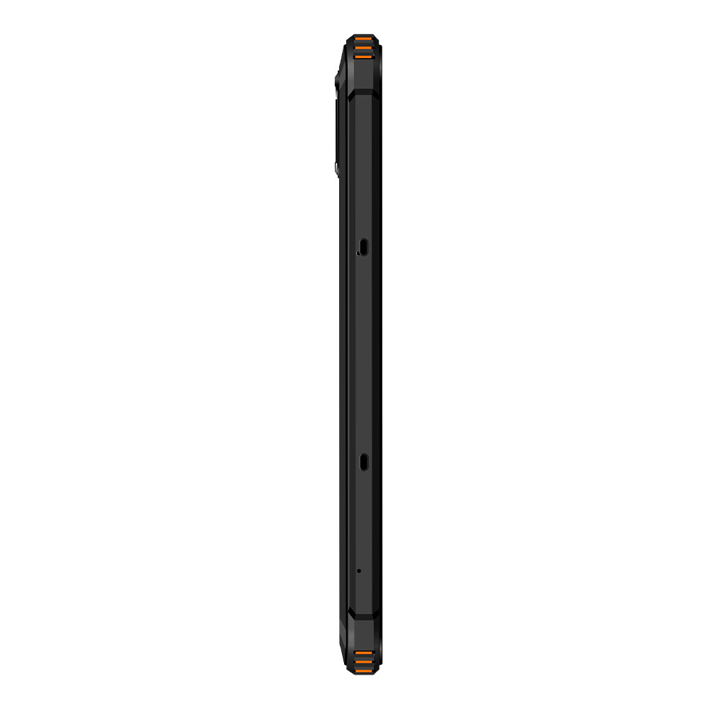 Smartphone nero con accenti arancioni, visto di lato.