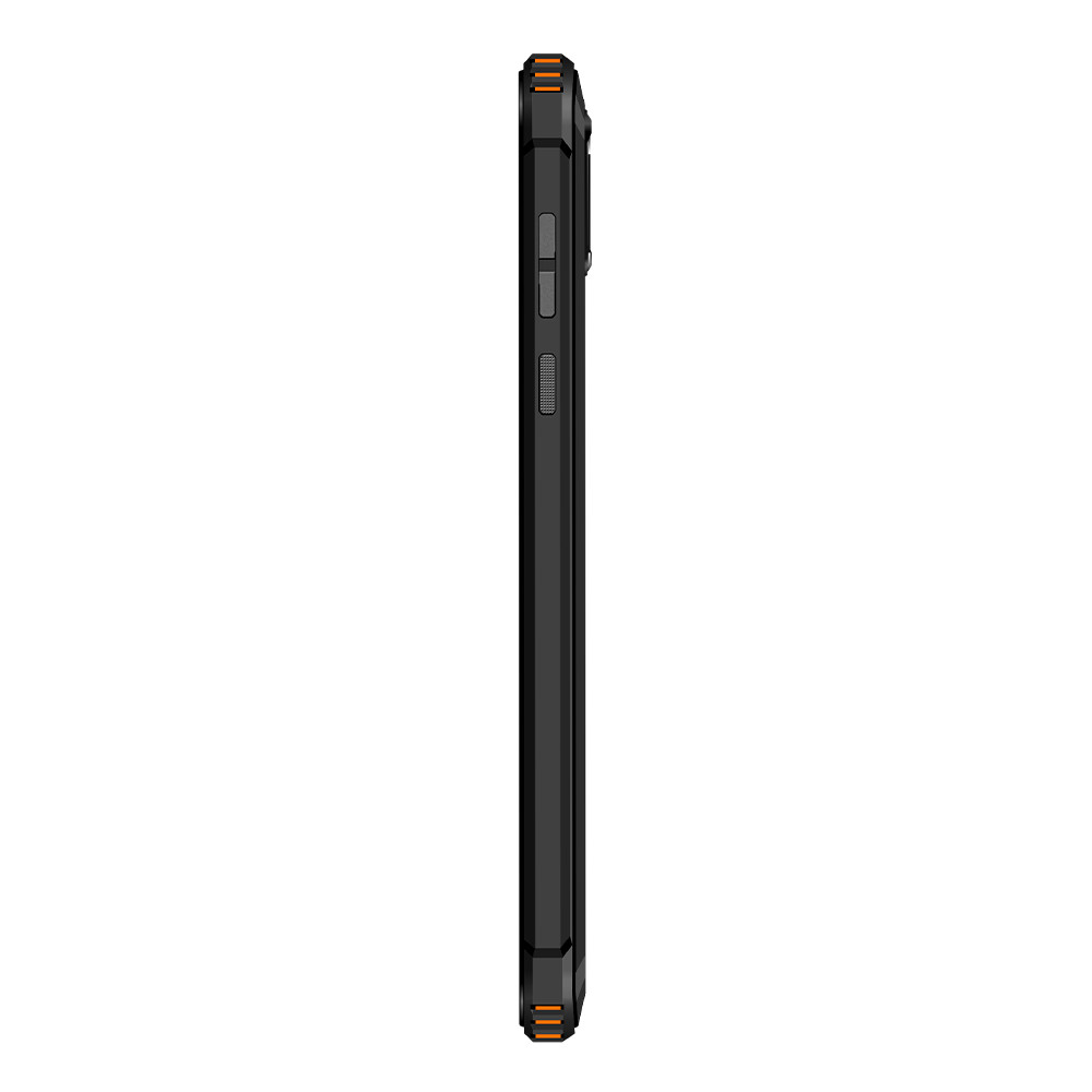 Smartphone nero con accenti arancioni, vista laterale.
