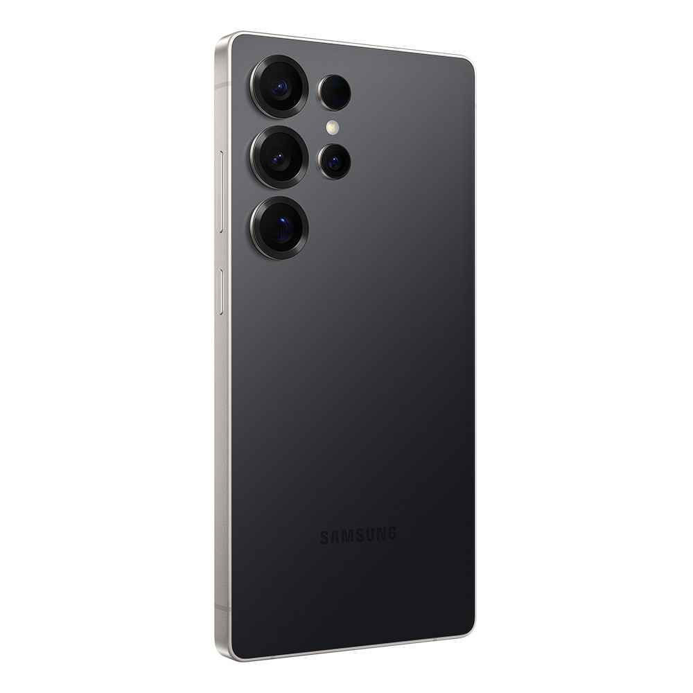 Retro di un telefono Samsung grigio scuro con più obiettivi e cornice argentata.