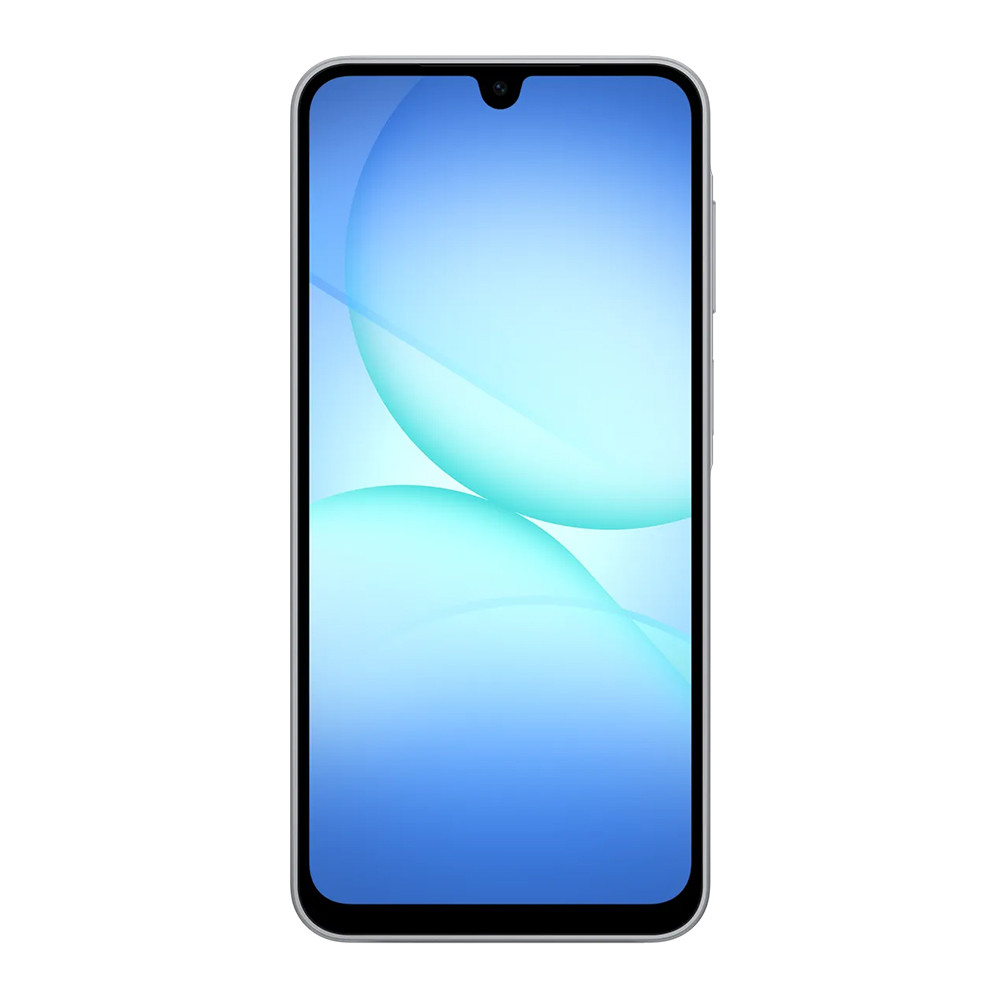 Uno smartphone argentato che mostra uno sfondo blu e turchese sul suo schermo.