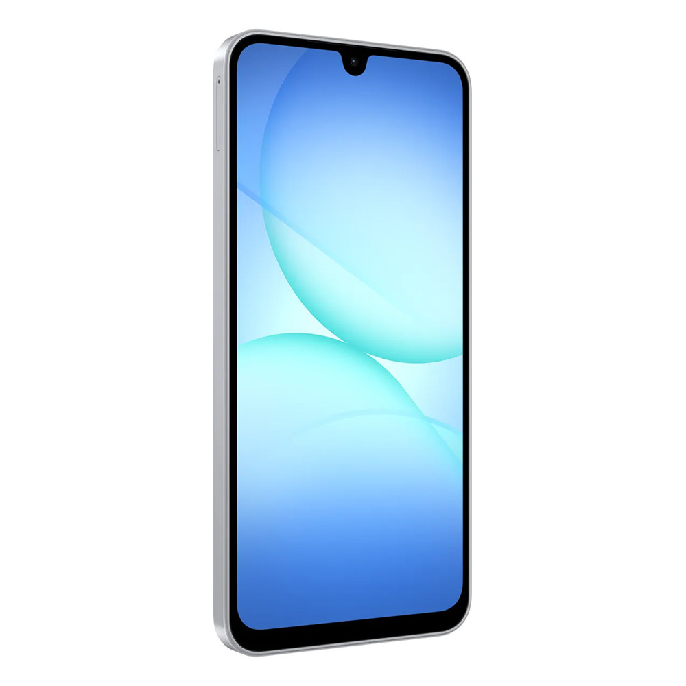 Uno smartphone argentato con sfondo blu e cerchi.