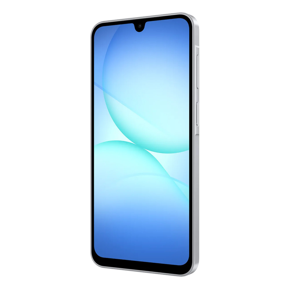 Uno smartphone argentato con uno sfondo blu che mostra due cerchi.