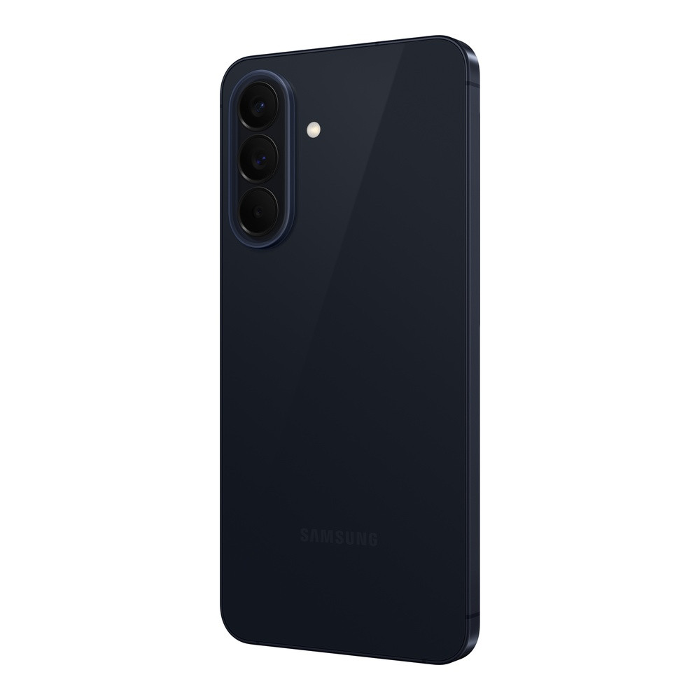 Dunkelblaues Smartphone mit drei Kameralinsen und Blitz auf der Rückseite.