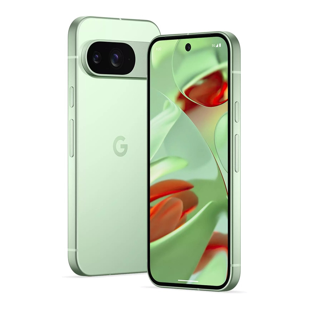 Dwa jasnozielone smartfony Google Pixel obok siebie na białym tle.