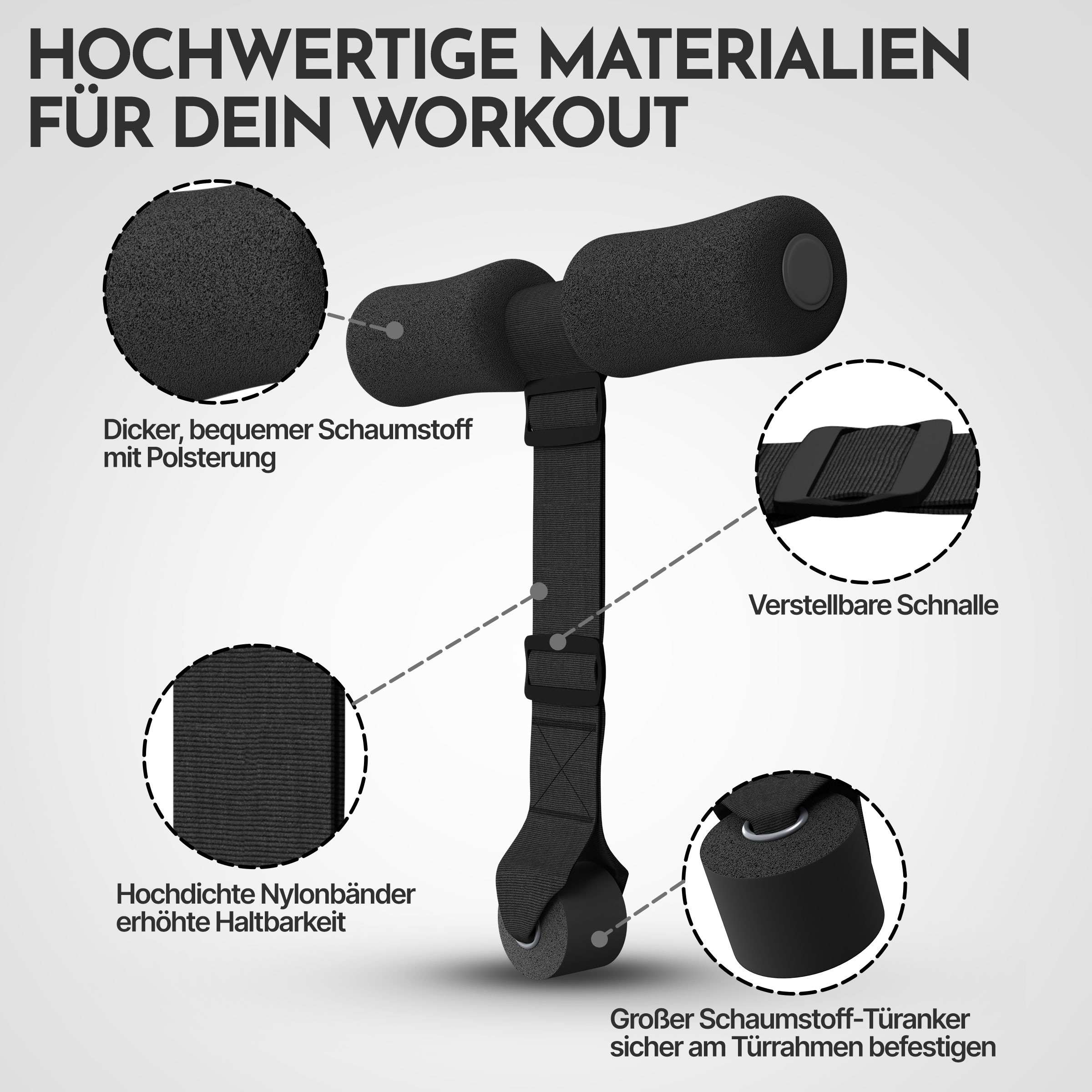 Ein schwarzer Türreck-Trainingshelfer mit Polsterung, verstellbarer Schnalle und Nylonbändern.