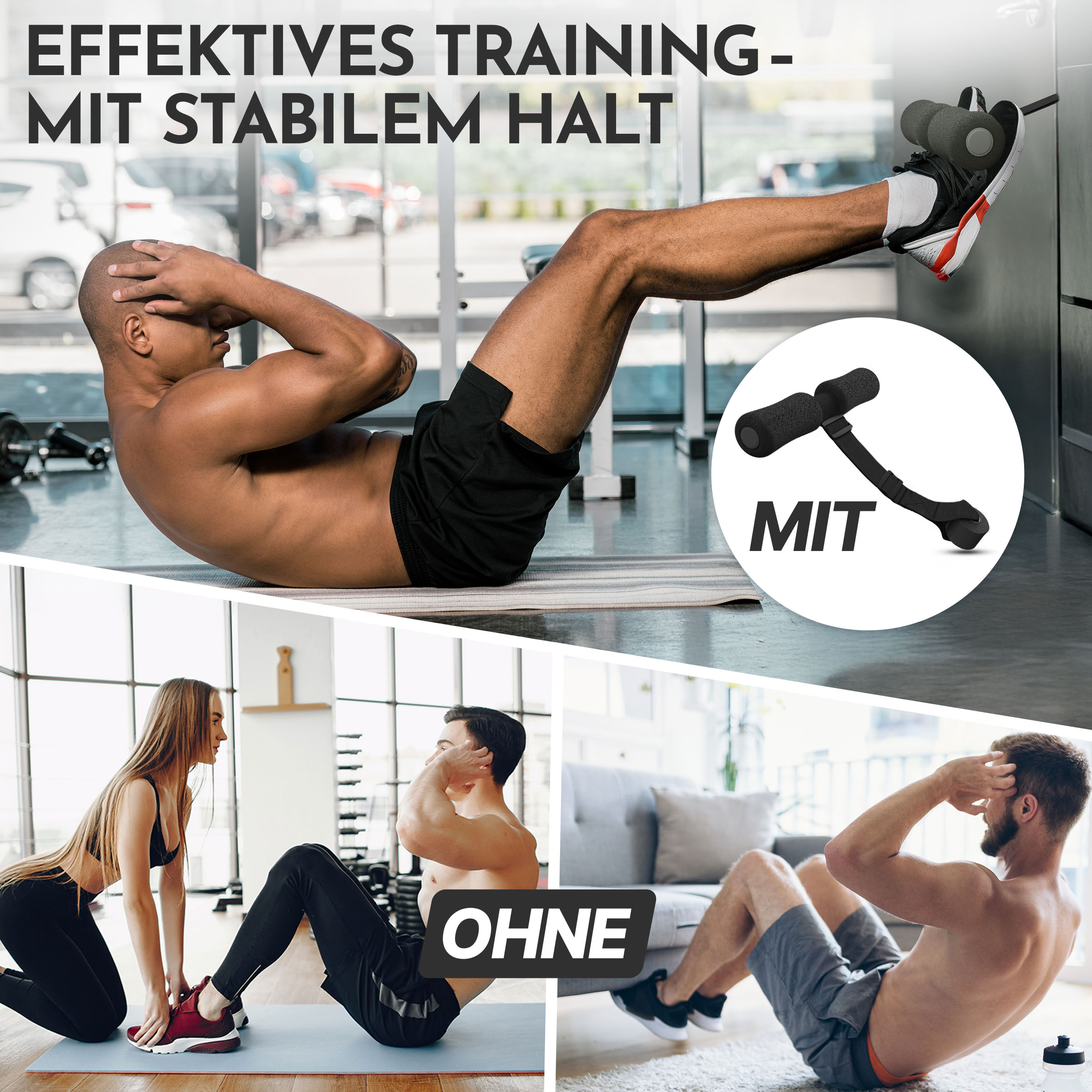 Collage von Personen beim Crunches: mit und ohne Trainingsgerät, im Fitnessstudio und zu Hause.