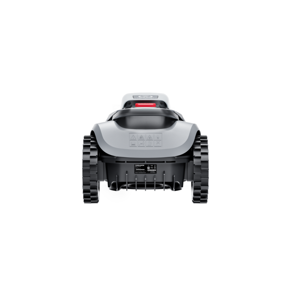A gray robotic lawn mower seen from behind, with tracks and a red light.