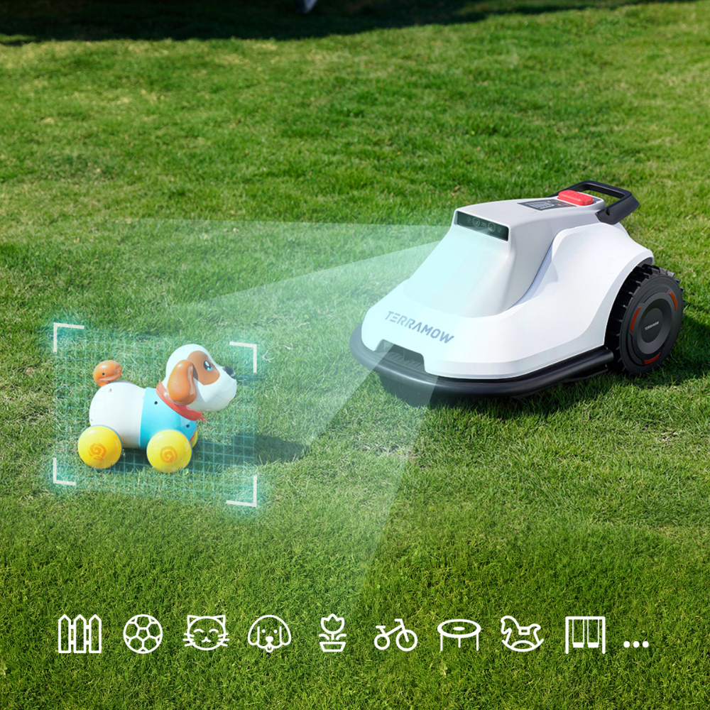 A lawn mower robot scans a toy dog on the grass. Icons at the bottom.