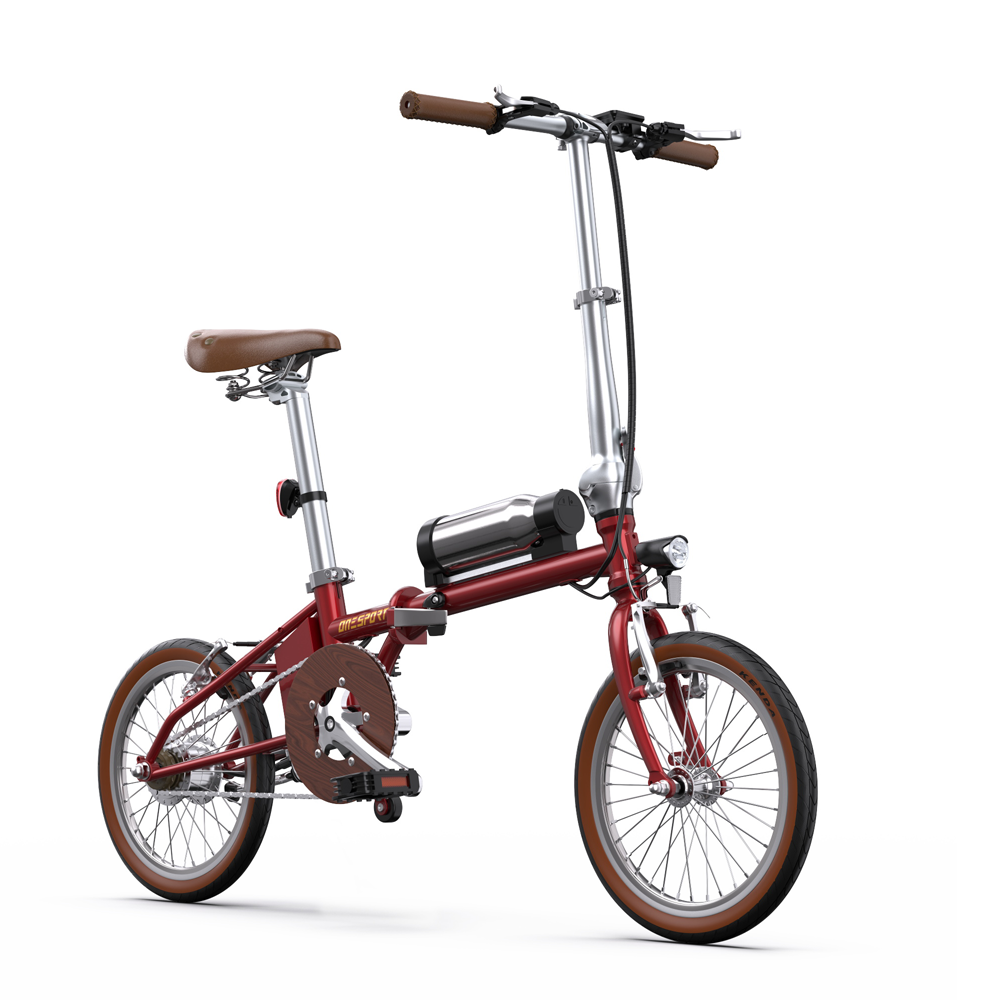 Bicicletta elettrica pieghevole rossa con sella e manopole marroni, batteria argento.