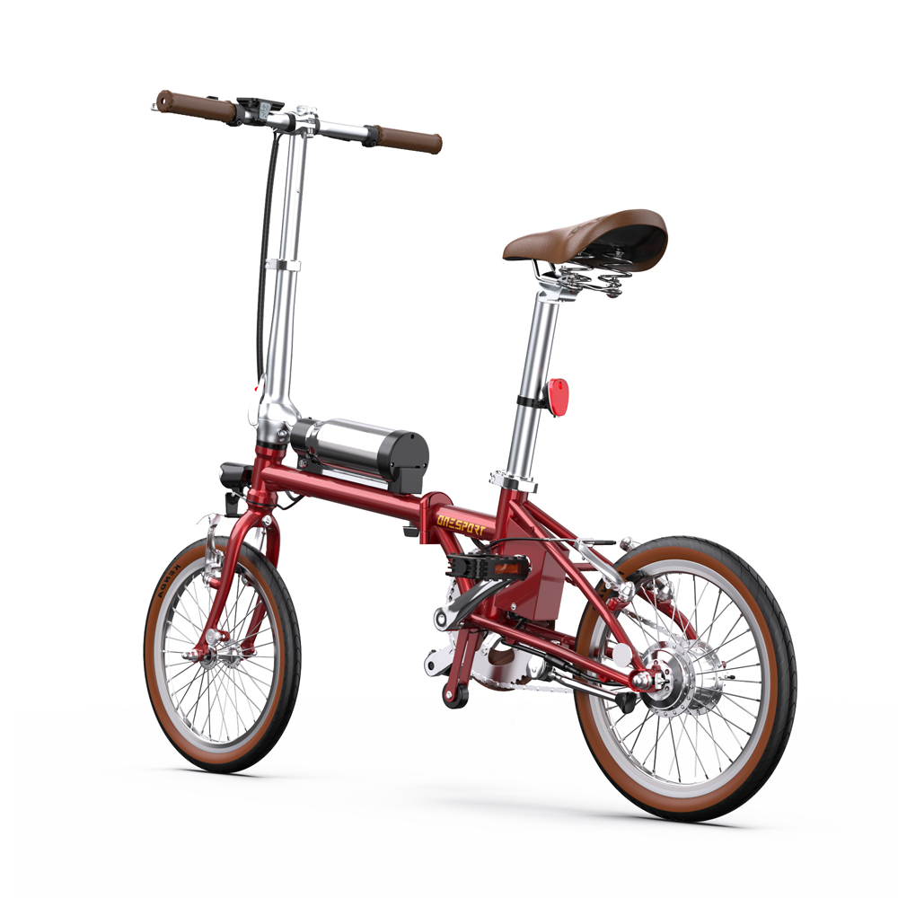 Una bicicletta elettrica pieghevole rossa con sella e manopole marroni.