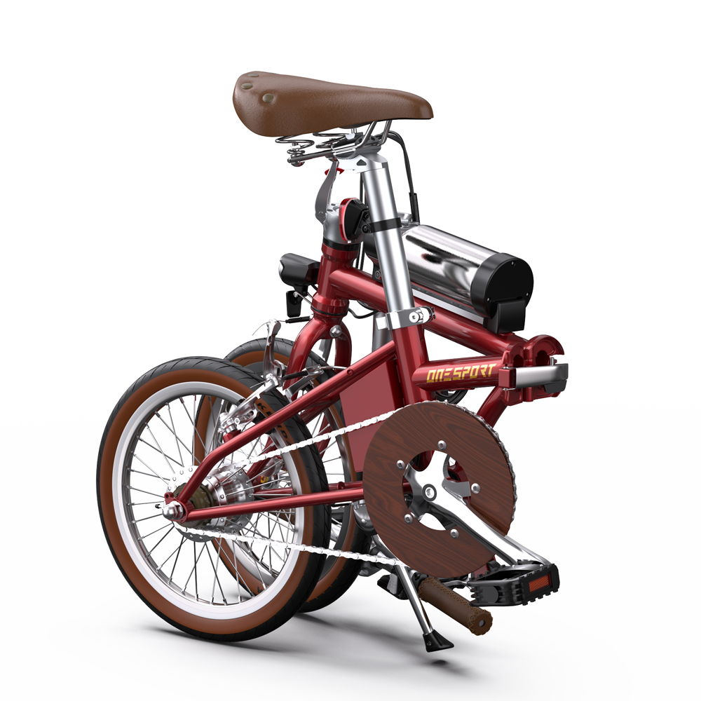 Bicicletta pieghevole rossa con sella marrone, batteria metallica e corona in legno.